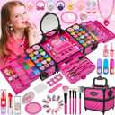 99 Pcs Kids Makeup Kit for Girls, Princess Toys Real Washable Cosmetics Set with Mirror, Hair Ties, Nails, Rings, Earrings, Necklace, Perfect for 3 4 5 6 7 8 Year Old Girls Birthday (Rose Red)
