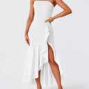 ZESICA Women's 2025 Summer Strapless Bodycon Maxi Dress Ribbed Sexy High Split Mermaid Prom Party Dresses (White, L)