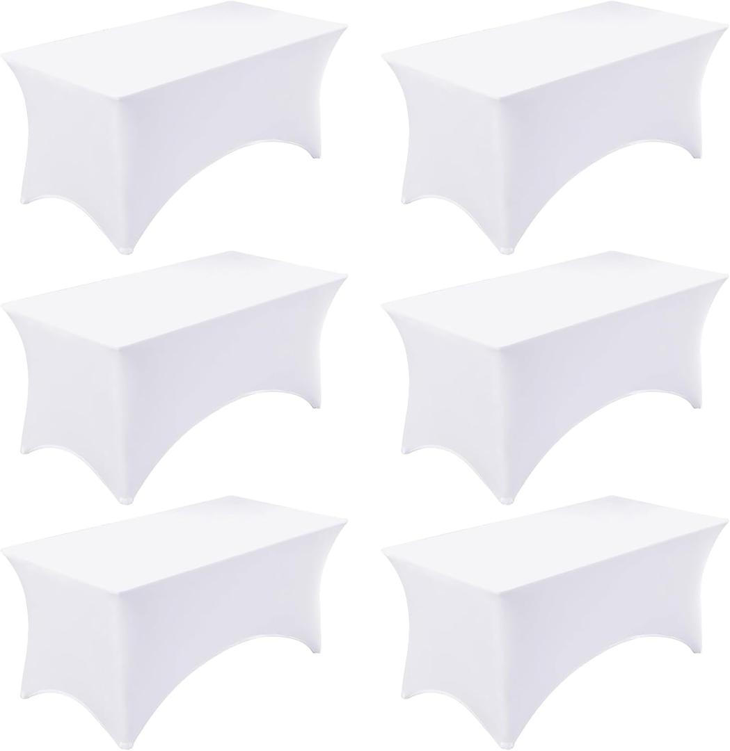 Fixwal 6 Pack 8ft Spandex Table Covers for 8 Foot Tables, Fitted Tablecloths Rectangle Folding Tables, Stretch Rectangular Table Cloths for Wedding, Banquet, Party (White, 96L x 30W x 30H Inch)