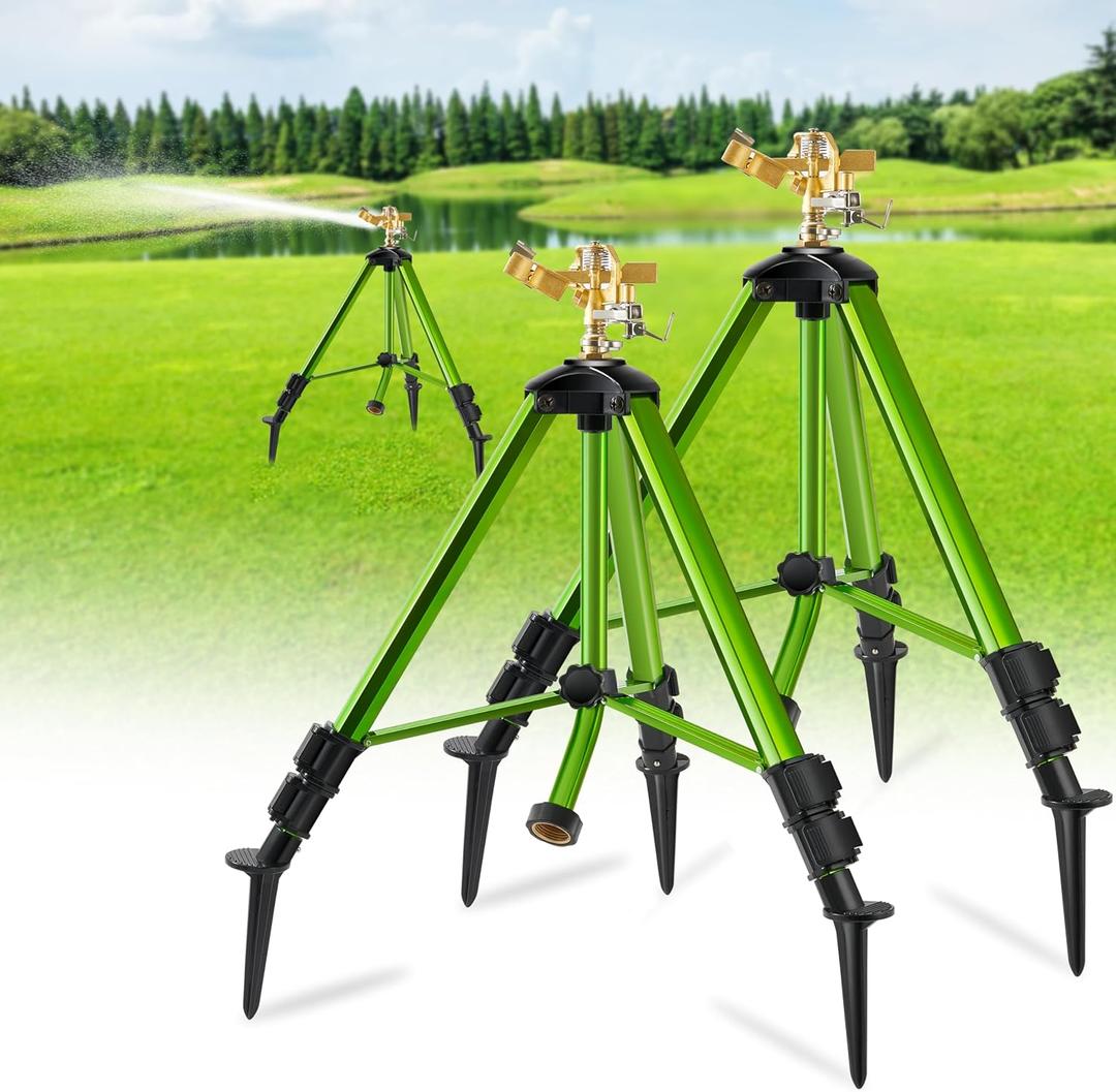 Impact Sprinklers on Tripod Base with Ground Plugs, Heavy Duty Brass Head Sprinkler with 360 Degree Spray,0-44ft Large Area Irrigation, Tripod Sprinkler with Extension Legs for Yard Garden Lawn, 2 Pack