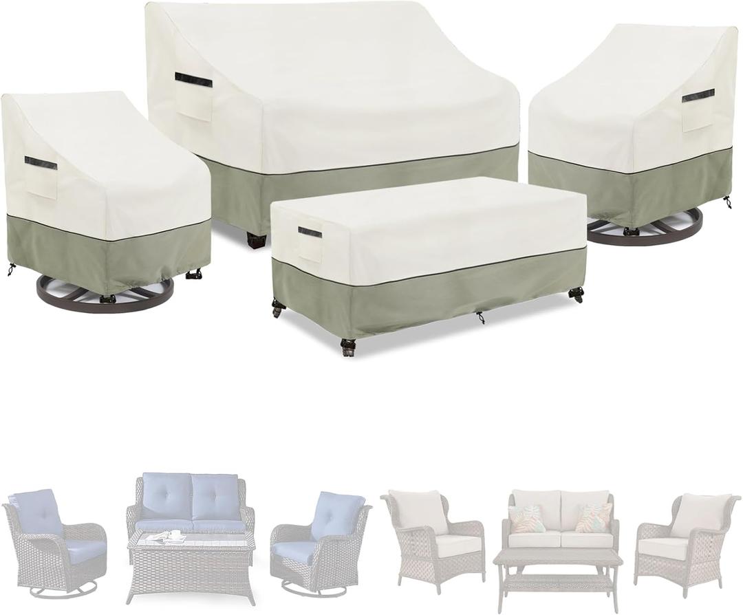 Patio Furniture Covers 4 Piece Set, 600d Heavy Duty Outdoor Furniture Covers Waterproof for Patio Loveseat, Swivel Rocker Chair and Coffee Table,White&Grayish Green (Large, Beige)