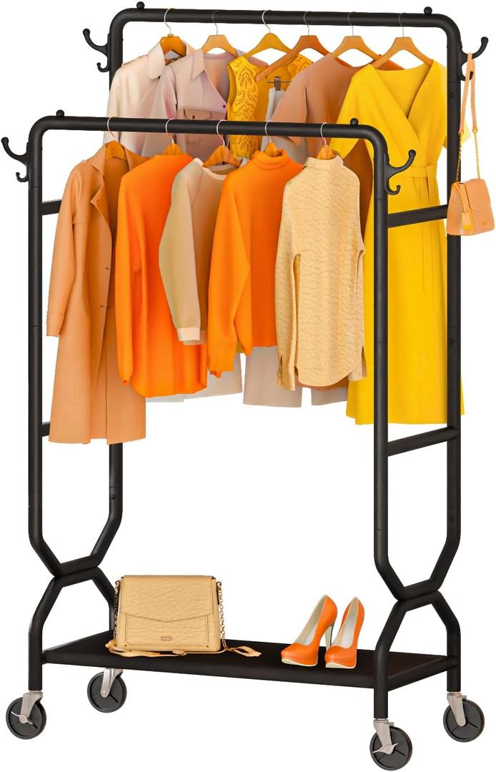 Rolling Clothes Rack Clothing Racks for Hanging Clothes Double Rods 180 lb Load Capacity,Industrial Wheels 2 Brakes, 600D Oxford Cloth Bottom Storage Shelf Black