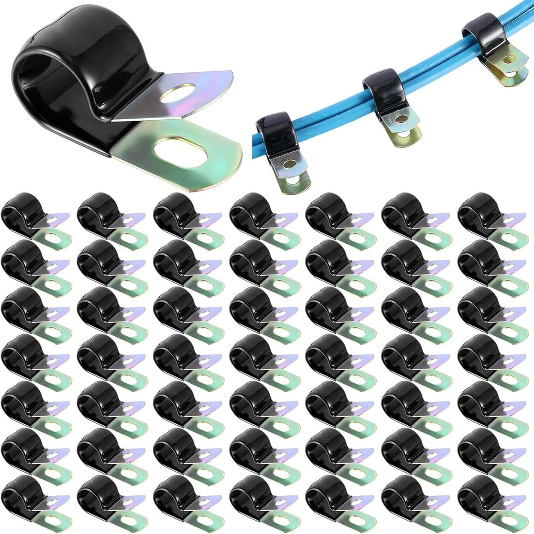 Tandefio 50 Pack Vinyl Coated Cable Clamps Galvanized Steel Cable Metal Wire Rubber Cushioned Insulated Hose Pipe Clamp for Tube Lines Wire Cord Installation(1/2 Inch,14mm)