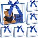 Aliceset 12 Pcs Clear Plastic Gift Bags with Die Cut Handles Reusable Party Favor Bags with Ribbon for Mother's Day Wedding Graduation Bridal Shower Baby Shower, 12 x 10 x 5''(Royal Blue)