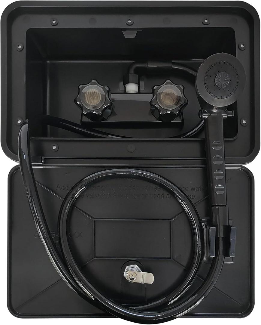 RV Exterior Shower Box Kit RV Outdoor Shower with Camper RV Outside Showers Faucet Valve + Coiled Hose + Sprayer Head + Lock, Replacement for Camper,Van,Travel Trailer,Motorhome and Boat,Black