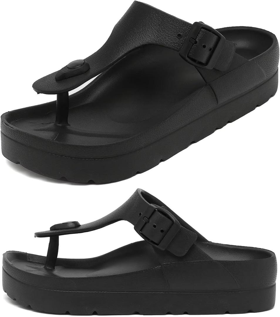 Haifago Women's Platform Sandals with Arch Support, Summer Beach Slides Adjustable Buckle Comfortable Lightweight EVA Slip on Slide (7, Flip Flops-Black)