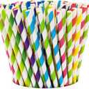 GUSTO [200 Pack] Striped Paper Drinking Straws Sturdy & Non-Soggy 100% Biodegradable, Food-Safe Ink, and Multi-Layered for Long-Lasting Use Vibrant Assorted Colors (Formerly Comfy Package)