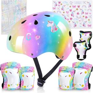 Kids Helmet, Toddler Bike Helmet with DIY Stickers Unicorn Knee Pads and Elbow Pads Set Adjustable Protective Gear Set for Girls Age 3-5-8 Years fit Roller Skates, Bicycle, Skateboarding, Scooter