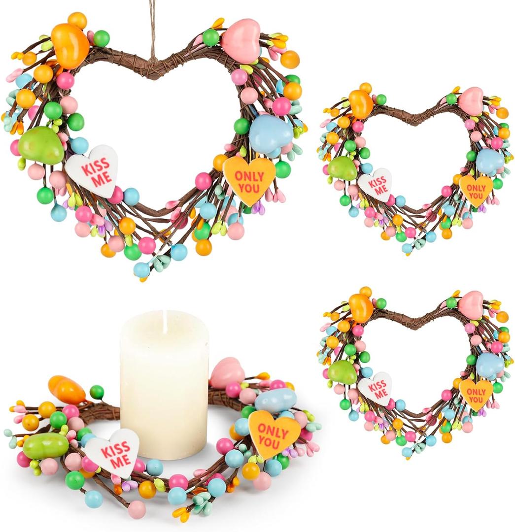 Valentine Candle Rings, 4 Pcs Conversation Heart Decor for Pillar Candles, Pink Felt Mini Wreath with Love Messages for Table, Cabinet, Candy Heart Centerpiece, Wedding & Home Decor