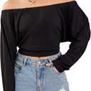 RoseSeek Women's Off The Shoulder T Shirt Long Sleeve Crop Tops Casual Basic Tees (Black, L)
