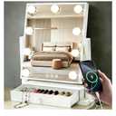 Makeup Mirror with Lights with Drawer Storage Type-C and USB Charging PortVanity Mirror with Charging Station Hollywood Mirror 9 LED Bulbs 3 Colors Dimmable Gifts No installation required