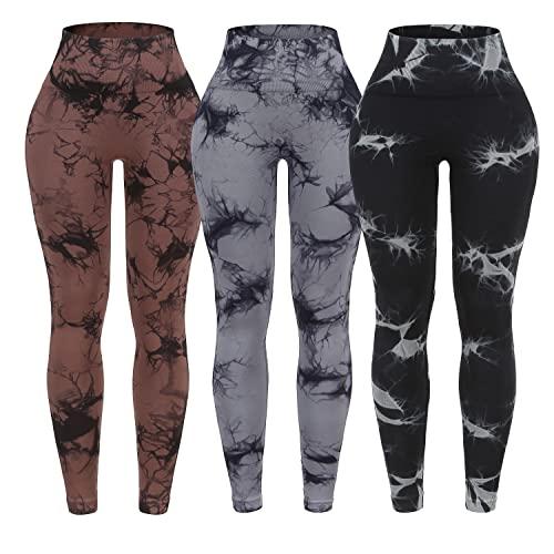 OVESPORT 3 Pack Tie Dye Seamless High Waisted Workout Leggings for Women Scrunch Butt Lifting Yoga Gym Athletic Pants, Large