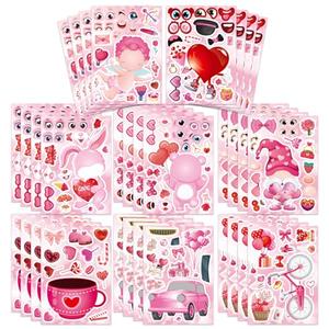 32 Sheets Valentine Stickers for Kids Toddlers, Make Your Own Animal Heart Love Sticker, Make a Face Stickers, Valentine Day Gift Party Decorations Supplies