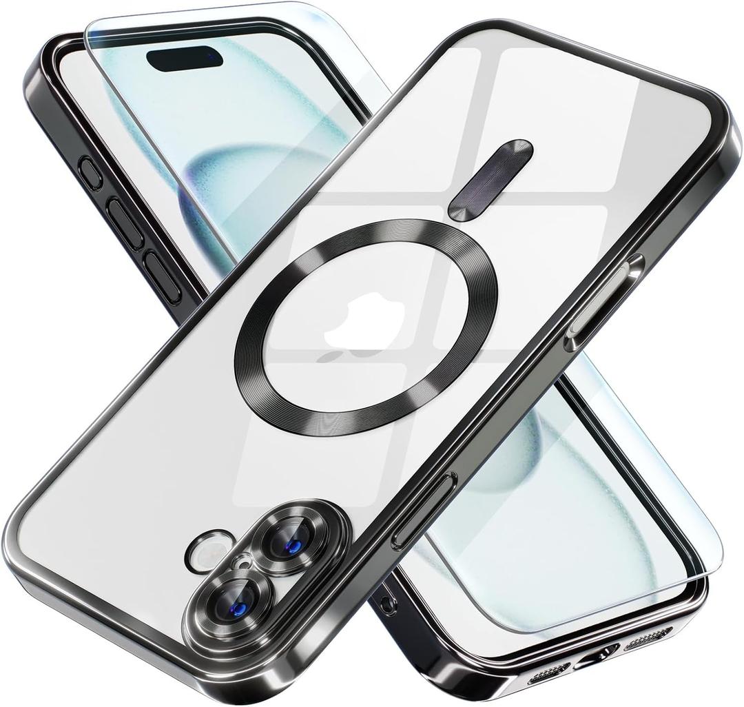 Misea Magnetic for iPhone 16 Plus Case Compatible with MagSafe [Never Yellowing] [Military Grade Drop Protection] Full Camera Lens Protector Plating Soft Clear Phone Case for Women 6.7", Black