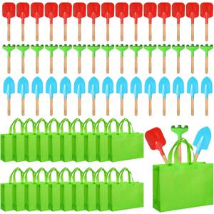 Liliful 40 Pcs Kids Gardening Tools 10 Garden Rake 10 Garden Shovel 10 Garden Trowel 10 Green Tote Bags Metal Garden Tools with Wooden Handle Beach Sandbox Toy for Planting Loosening Digging