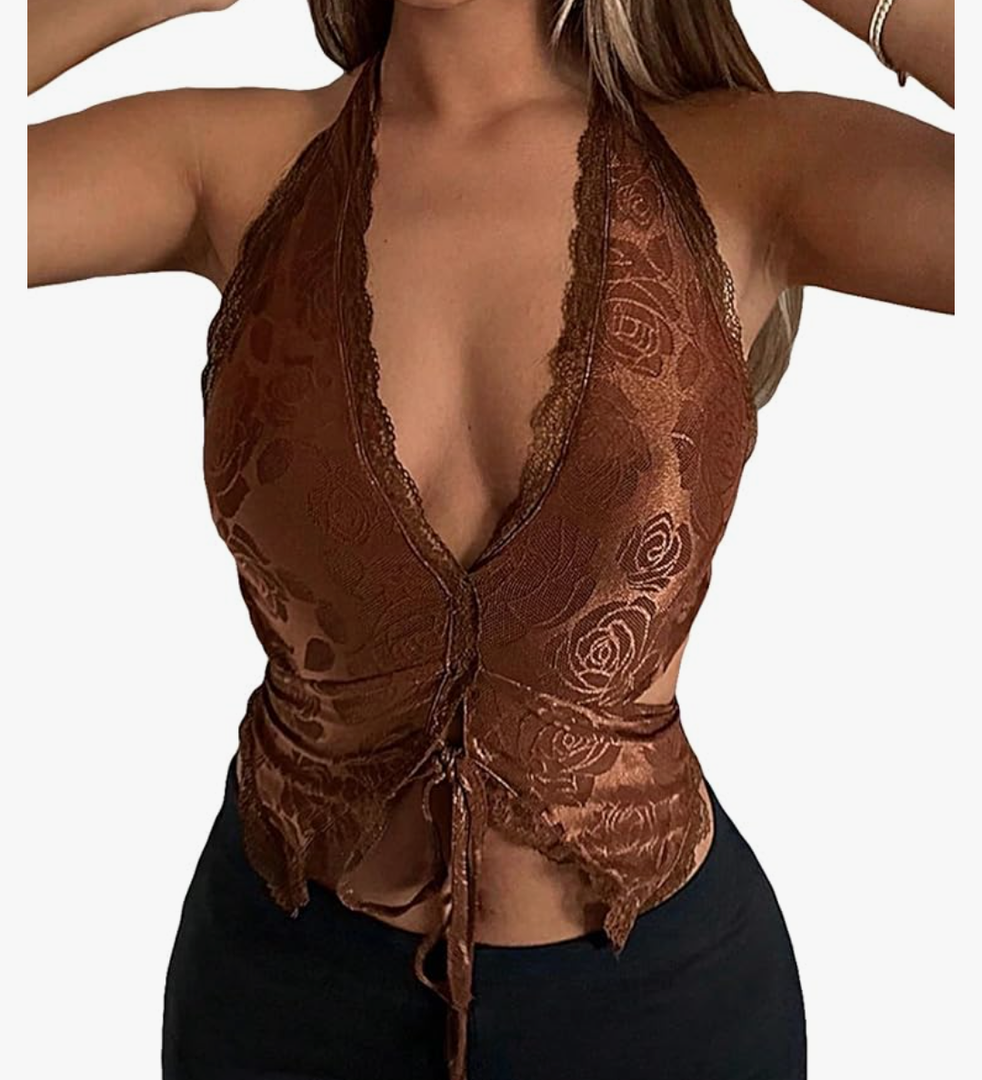 WDIRARA Women's Floral Print Tie Front Sleeveless Cut Out Backless Asymmetrical Hem Crop Halter Top Size L