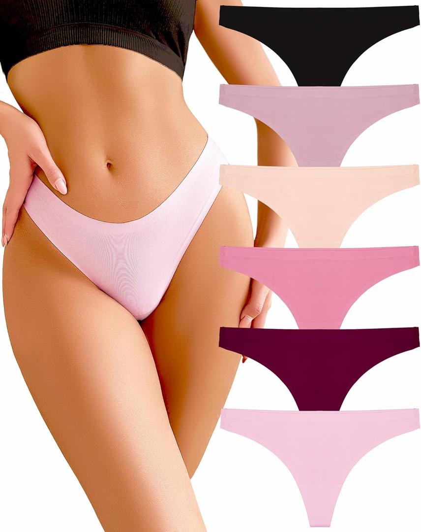 FINETOO 6 Pack Thongs for Women Seamless Breathable Underwear No Show Floral Print Panties Invisible Hipster (Medium, Black,apricot,dusty Rose,rose Pink,pale Pink,burgundy)