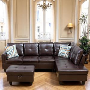 L Shaped Sectional Sofa with Ottoman, Leather Right Facing Modern Couches for Living Room, Bedroom, Office