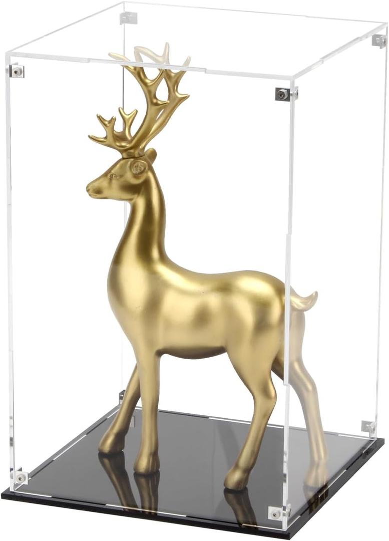 Self Assemble Acrylic Display Case with Black Base, Clear Acrylic Box Countertop Box Glass Case for Collectibles, Rectangle Box with Black Stand for Display Dolls Models Figures, 8x8x12In