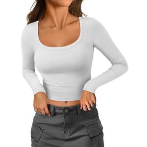 ATHMILE Women's Scoop Neck Long Sleeve Ribbed Slim Fitted Casual Basic Crop Top B-White, S