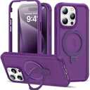 UTPPVX Compatible with iPhone 15 Pro Max Case with Magnetic Ring Stand [Compatible with Mag-Safe] [Built-in Screen Protector] Military-Grade Shockproof Translucent Matte Phone Case, Dark Purple