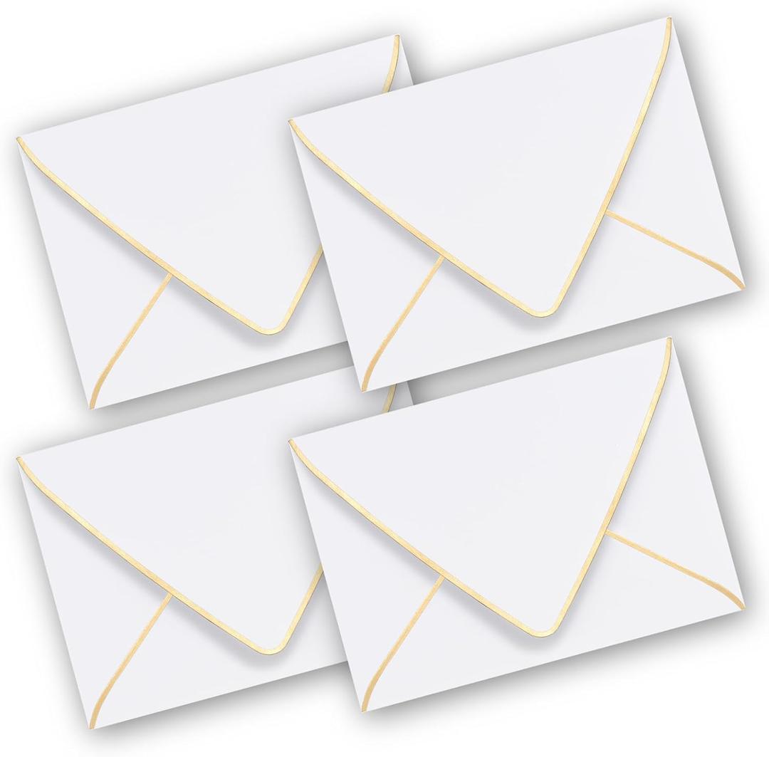 AZAZA 5x7 Envelopes for Invitations, 50 Pack, White, Gold Border, V-Flap, Self-Seal