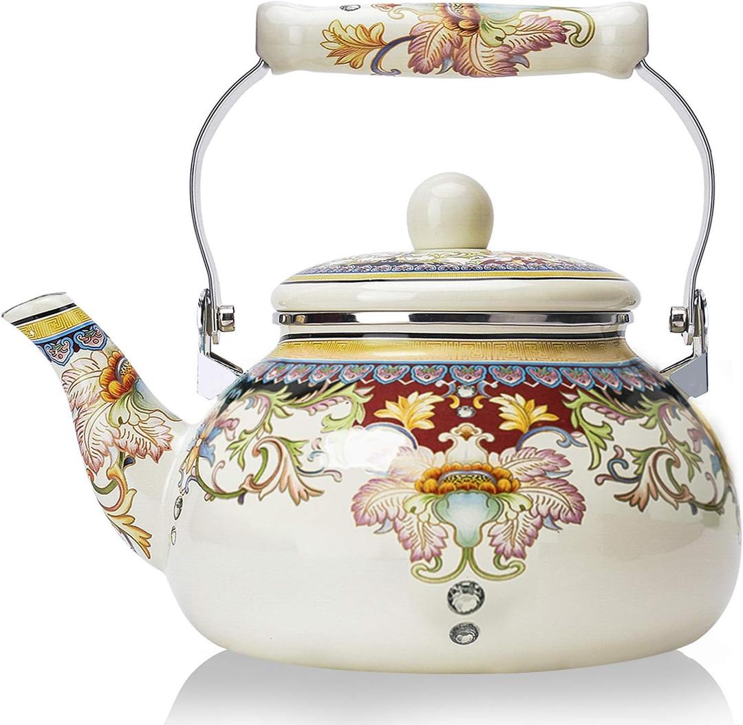 Floral Ceramic Enamel Teapot Tea Kettle for Stovetop,Large Porcelain Enameled Teakettle (white) (2.4L, white2), 2.5 Quarts