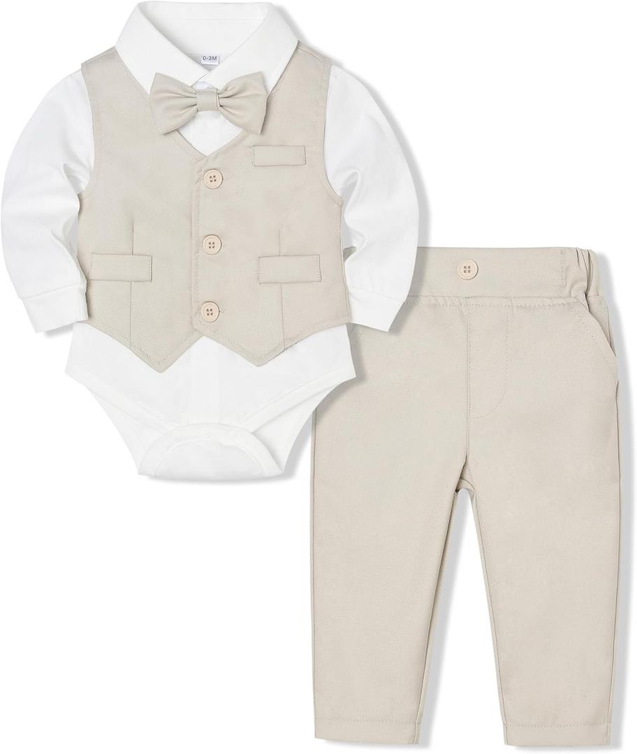 Baby Boy Clothes Suits Infant Gentleman Wedding Outfit Formal Dress Shirt Vest Bowtie Pants 4Pcs Baby Suit Sets (12-18 Months, Light Beige)