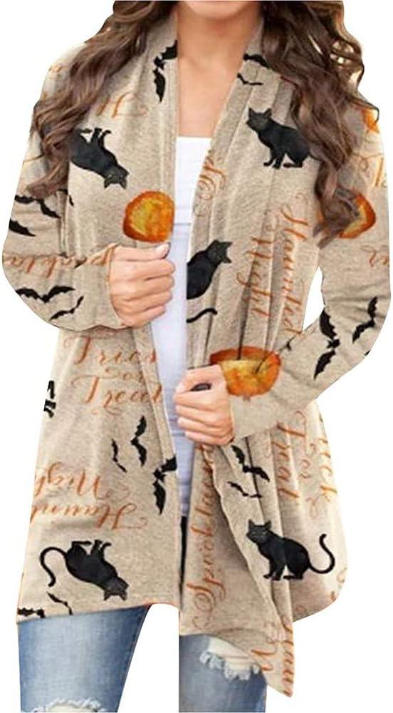 Women's Halloween Pumpkin Cat Print Knitting Cardigan Long Sleeve Open Front Knitted Sweater Outwear Coat Tops (Deep Gray (Medium, Beige)