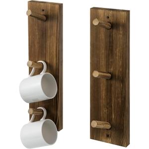 MyGift Wall Mounted Wooden Mug Rack - 3 Hook Rustic Burnt Wood Teacup Mug Storage Organizer, Set of 2