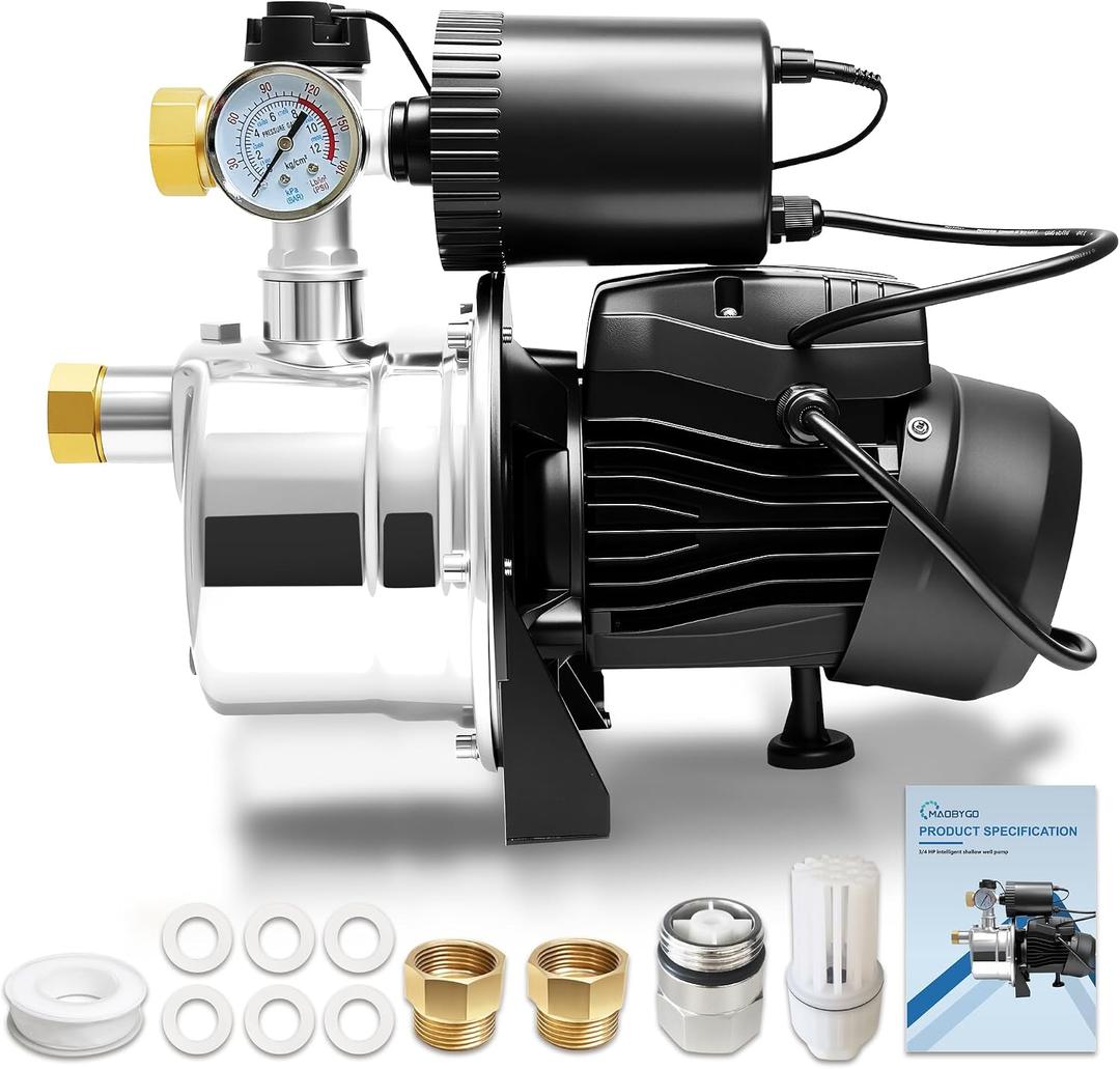 3/4 HP Shallow Well Pump with Pressure Tank, 1050 GPH Stainless Steel Self-Priming Water Pressure Booster Jet Pump, Auto ON/OFF Dual Sensor Flow & Pressure Switch for Whole House, Garden, Lawn