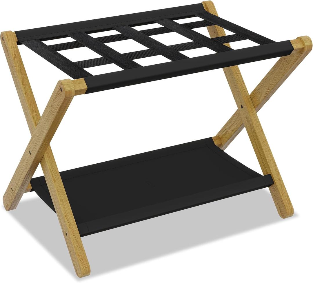 Heybly Luggage Rack, Folding Suitcase Stand with Storage Shelf, Heavy-Duty Luggage Holder for Guest Room Bedroom Hotel, Holds up to 141 lb, Natural HLR010N1