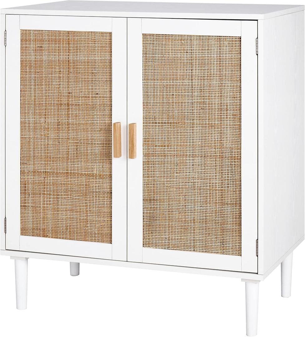 Finnhomy Sideboard Buffet Cabinet, Kitchen Storage Console with Rattan Decorated Doors, Liquor Buffet, Dining Room, Hallway, Cupboard Console Table, Accent Cabinet, 31.5X 15.8X 34.6 Inches, White