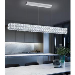 47'' Modern Crystal Chandelier for Dining Room Ceiling Light Fixture for Living Room Hallway Lighting LED Dimmable with Remote Silver