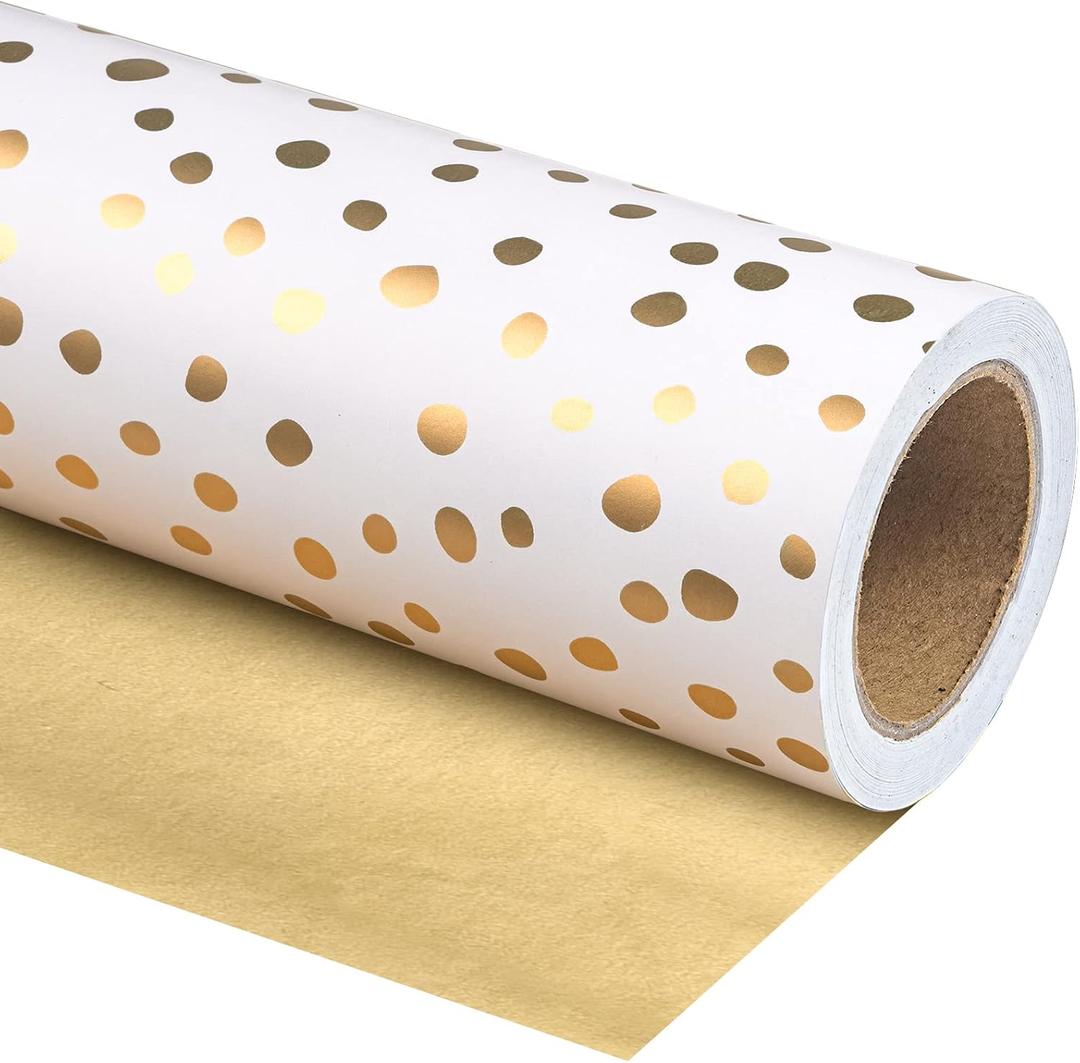 WRAPAHOLIC Jumbo Reversible Wrapping Paper - 30 Inch x 100 Feet Jumbo Roll - Gold Print and Delicate Polka Dots Design for Birthday, Christmas, Wedding, Baby Shower