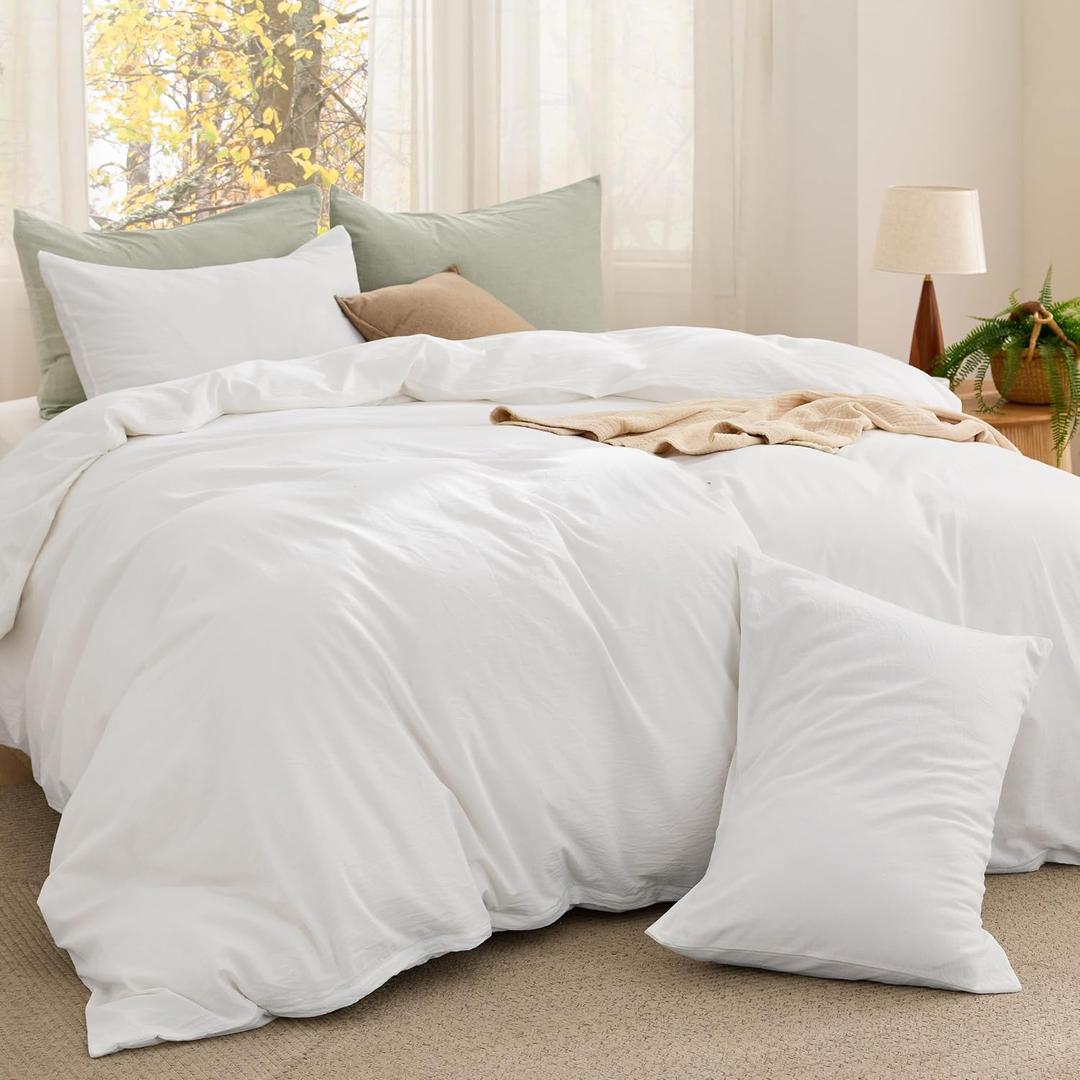 Bedsure PureWoven Cotton Comforter Set Prewashed, Queen, White