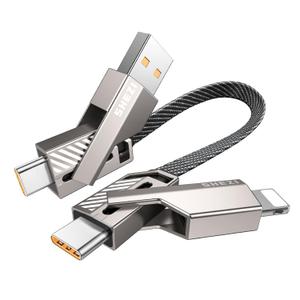 6 x SHEZI [Upgraded 2.0] 4-in-1 Short USB C Cable 60W 0.6FT Fast Charging [480Mbps Data Sync] Flat Nylon Braided Charger Cord Combo, USB A/C to C/L Multi Charge Cable for iPhone/iPad & Most Devices, Grey