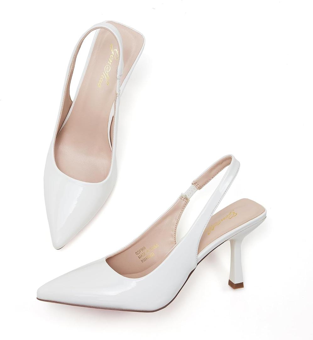 GENSHUO Women's Slingback Kitten Heel Pointed Closed Toe Stiletto Pumps Slip on Elastic Strap Wedding Party Dress Sandals Shoes (White) Size 9