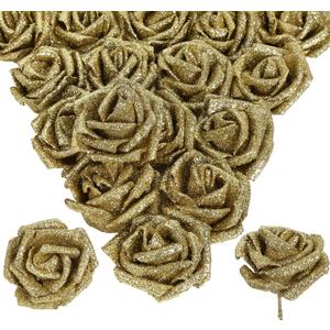30pcs Glitter Gold Roses - 2.56" Gold Foam Roses Artificial Flowers with Stems for Bridal Shower Centerpieces, Wedding Bouquet, Table Decor