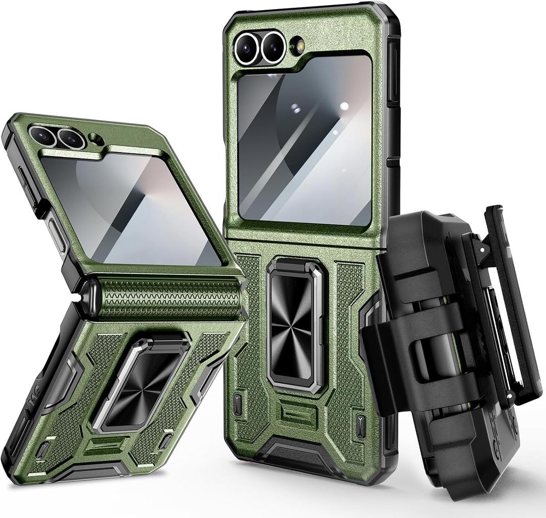 VEGO for Z Flip 6 Case with Hinge Protection, for Samsung Z Flip 6 Case with 360 Rotatable Ring Kickstand & Built-in Screen Protector & Belt Clip Holster Shockproof Cover - Green