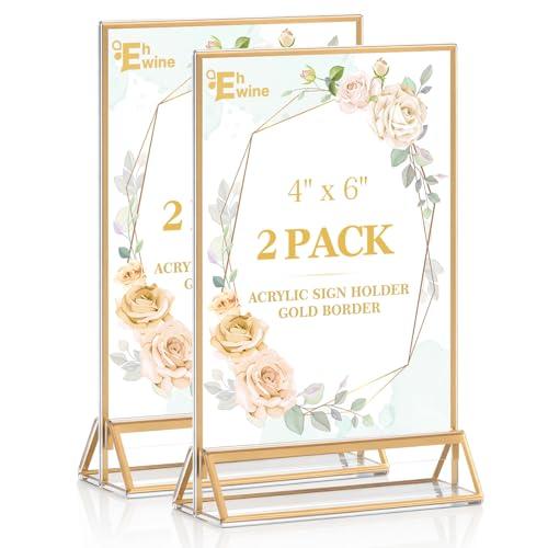 EHWINE 2 Pack Acrylic Sign Holder 4 x 6, Double Sided Gold Picture Frame Stand up Table Top Sign Holders, Clear Display Stand Menu Flyer Holder for Wedding Party