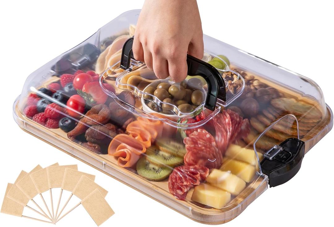 Charcuterie Board with Clear Lid, Travel Portable Cheese Board Charcuterie Boxes Cutting Boards for Kitchen, Gifts for Women, Black
