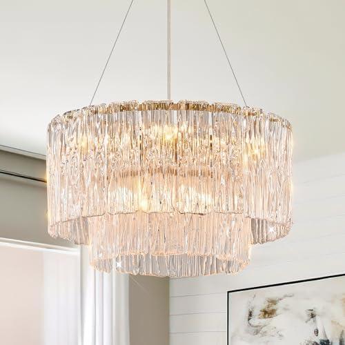 CATINER Modern Gold Chandeliers,20” Crystal Glass Pendant Ceiling Light Fixtures 7-Light Round Chandelier Luxury 2 Tiers Hanging Chandelier for Dining Room Foyer Living Room Bedroom