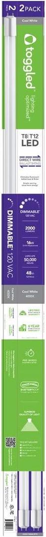 D416-40321-2 D-Series, 4 ft. (Dimmable) 120 VAC, T8/T12 Direct-Wire LED Tube, 4000K (Cool White), 2 Count (Pack of 1)
