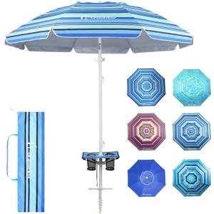 Grandekor 7FT Beach Umbrellas for Sand Heavy Duty Wind Portable Beach Umbrella with Table Travel Beach Umbrella with Carry Bag Sun Umbrella Beach, UV 50+ (Blue&Green)