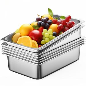 6 Pack Hotel Pans, Full Size 6" Deep Stainless Steel Steam Table Pan, 20.8" L x 12.8" W 22 Gauge Metal Commercial Catering Food Pans Anti Jam Food Storage Containers