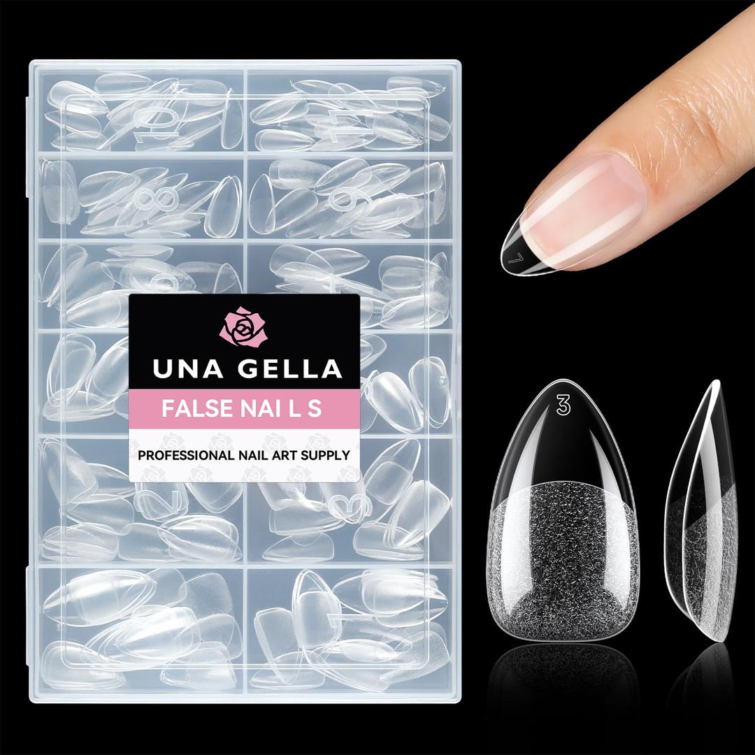 UNA GELLA Short Almond Fake Nails 216pcs Pre Shape Gel Acrylic Nail Tips for Full Cover Nail Extension Home DIY Nail Salon 12 Sizes Gelly Tips