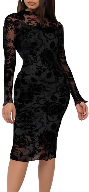 Mojessy Sexy Dresses for Women Long Sleeve See Through Bodycon Midi Dresses 2 Piece Dress Set Birthday Date Night Outfit L