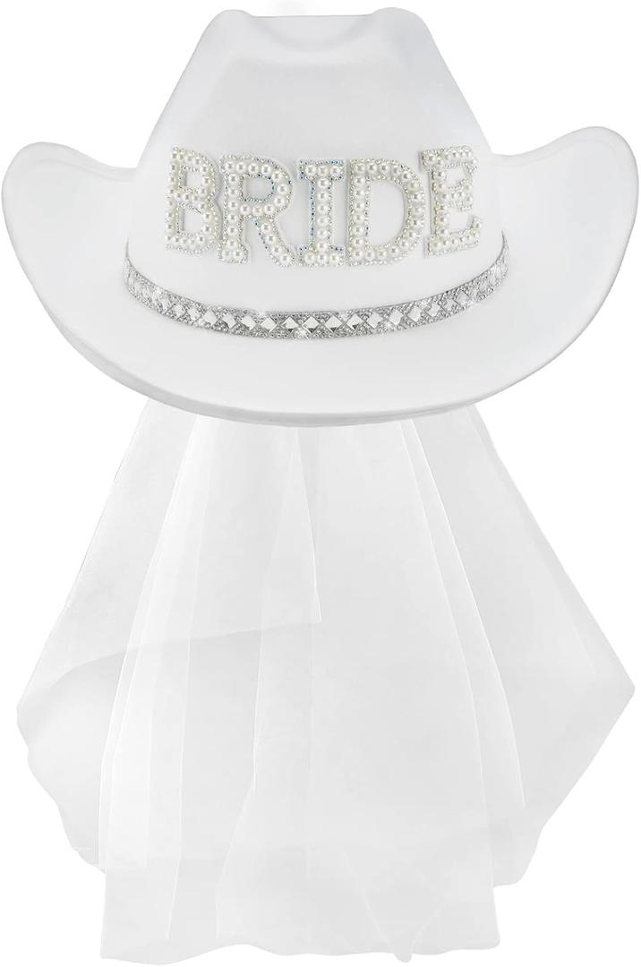 Quescu Bridal Cowgirl Hat for Bachelorette Party,Rhinestone White Cowboy Hat for Women Bride To Be Gift,Halloween Costume