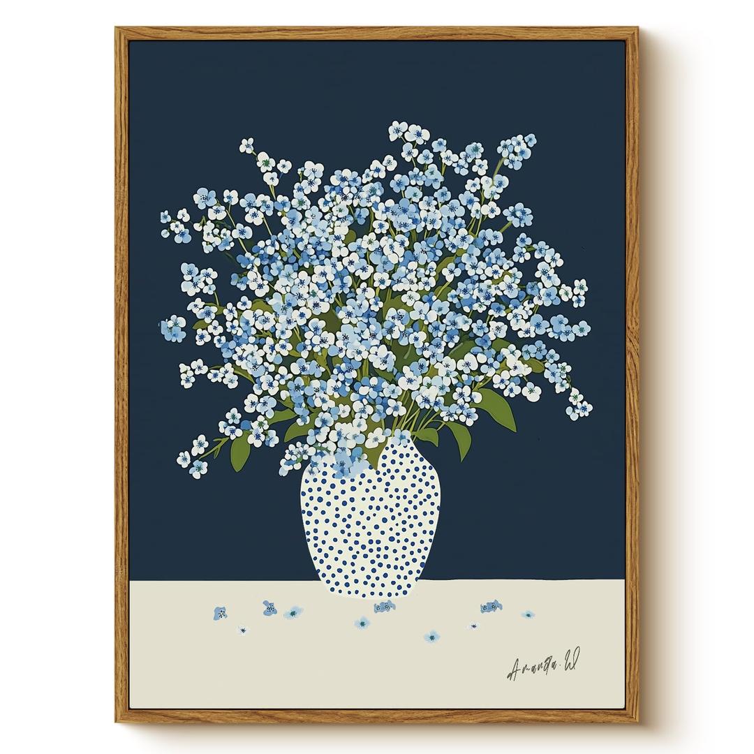 WHASAYART Vintage Framed Floral Wall Art 16x24 Blue White Starry Print
